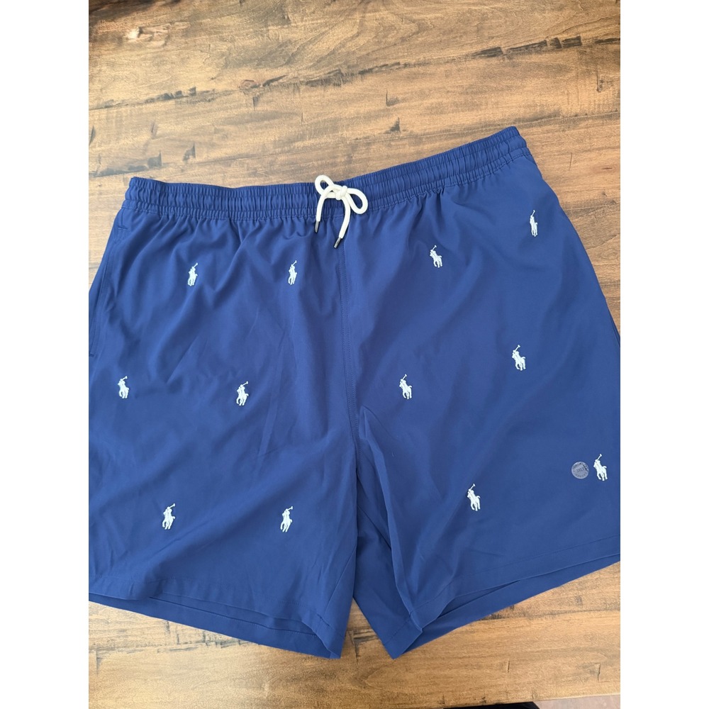 Polo Ralph Lauren Mens 3XLT Navy Blue All Over Pony Embroidered Swim Trunks 7"